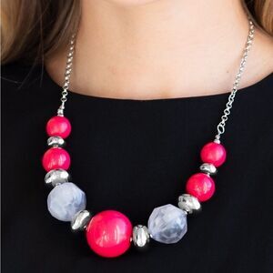 Large pink/ milky white/ silver bead fashion necklace